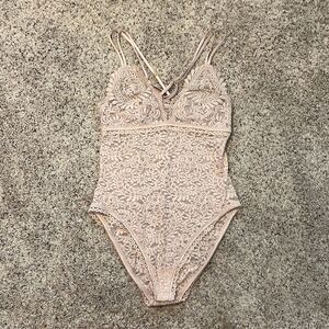 Aerie Far Out Blush Pink Lace Strappy Back Bodysuit Small